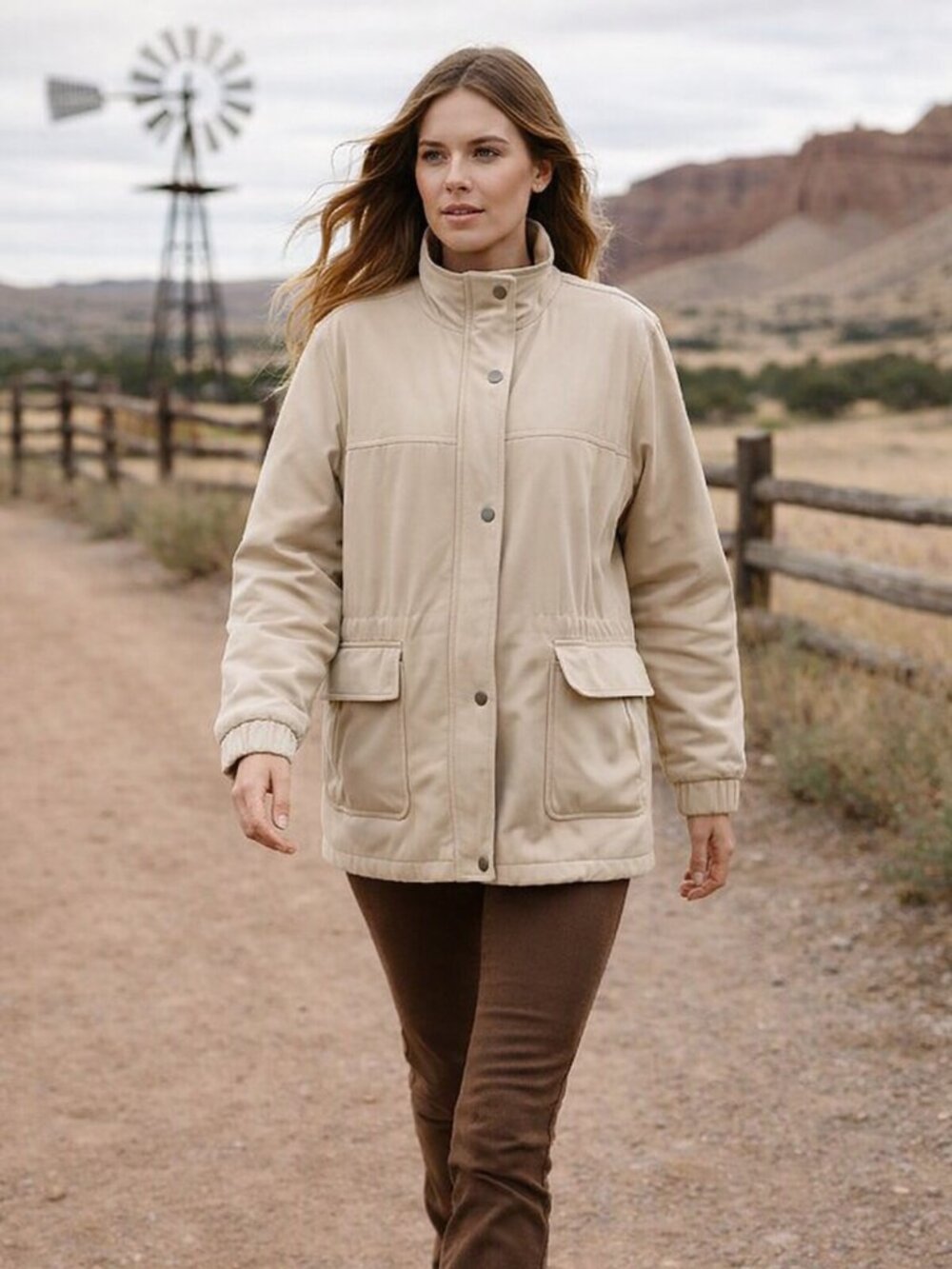 Fleet Street London Velour Beige Inner Drawstring Western Jacket Women L *READ